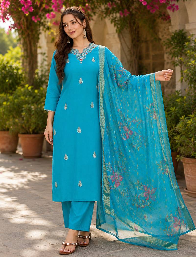 Women Gorgeous Viscose Fabric Embroidery Work Straight Kurta, Pant and Dupatta Set