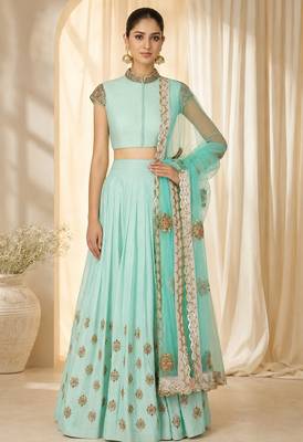 Sky Blue Silk Blend Embroidered Crop Top Lehengas 1