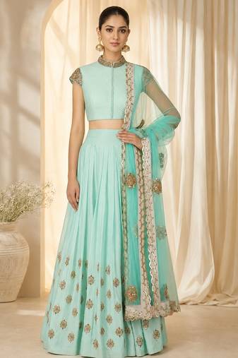 Sky Blue Silk Blend Embroidered Crop Top Lehengas