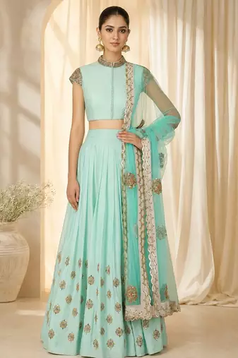 Sky Blue Silk Blend Embroidered Crop Top Lehengas