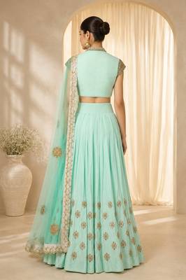 Sky Blue Silk Blend Embroidered Crop Top Lehengas 2