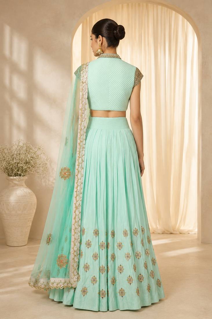 Sky Blue Silk Blend Embroidered Crop Top Lehengas