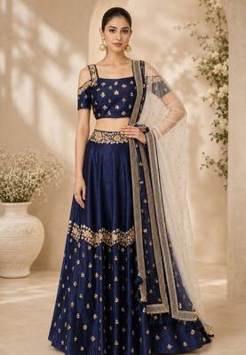 Navy Blue Silk Blend Embroidered Crop Top Lehengas 1