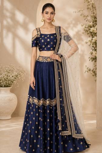 Navy Blue Silk Blend Embroidered Crop Top Lehengas