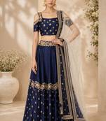 Navy Blue Silk Blend Embroidered Crop Top Lehengas