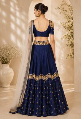 Navy Blue Silk Blend Embroidered Crop Top Lehengas 2