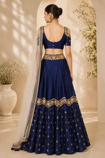 Navy Blue Silk Blend Embroidered Crop Top Lehengas