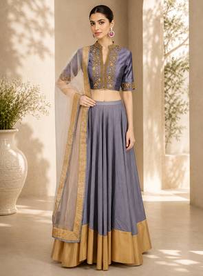 Grey Silk Blend Embroidered Crop Top Lehengas 1
