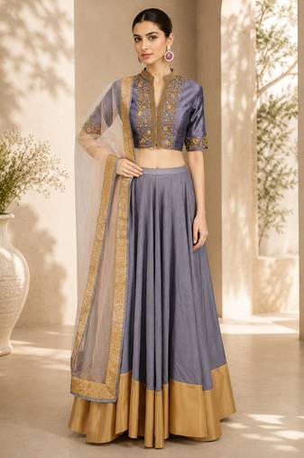 Grey Silk Blend Embroidered Crop Top Lehengas
