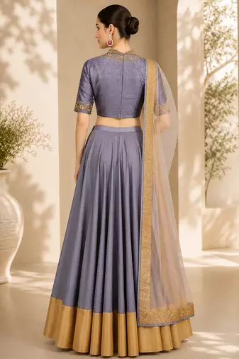 Grey Silk Blend Embroidered Crop Top Lehengas