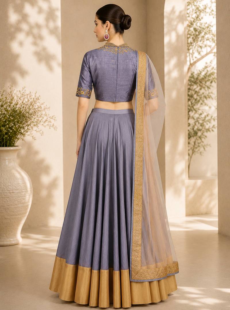 Grey Silk Blend Embroidered Crop Top Lehengas