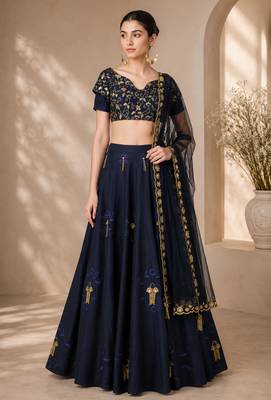 Navy Blue Silk Blend Embroidered Crop Top Lehengas 1
