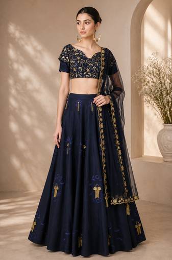 Navy Blue Silk Blend Embroidered Crop Top Lehengas