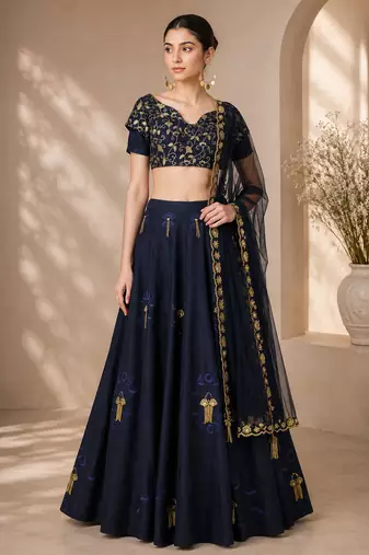 Navy Blue Silk Blend Embroidered Crop Top Lehengas