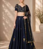Navy Blue Silk Blend Embroidered Crop Top Lehengas