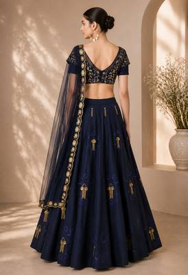 Navy Blue Silk Blend Embroidered Crop Top Lehengas 2