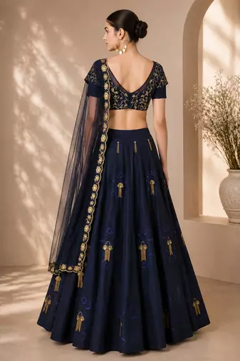 Navy Blue Silk Blend Embroidered Crop Top Lehengas