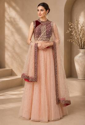 Peach Net Embroidered Crop Top Lehengas 1