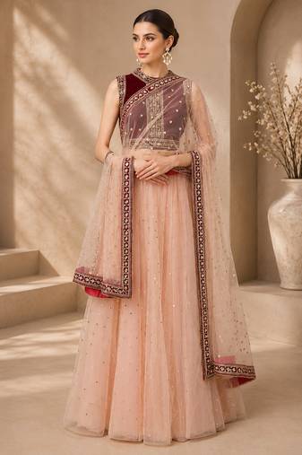 Peach Net Embroidered Crop Top Lehengas