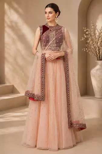 Peach Net Embroidered Crop Top Lehengas
