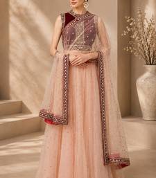 Peach Net Embroidered Crop Top Lehengas