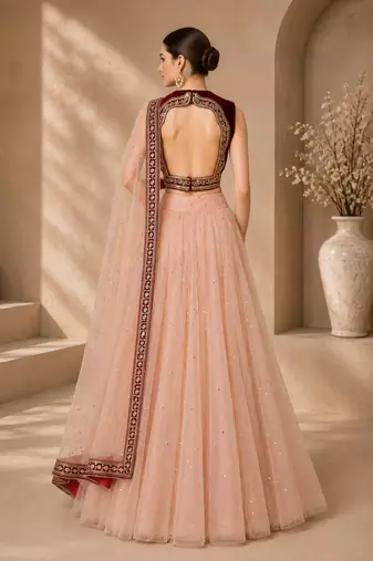 Peach Net Embroidered Crop Top Lehengas