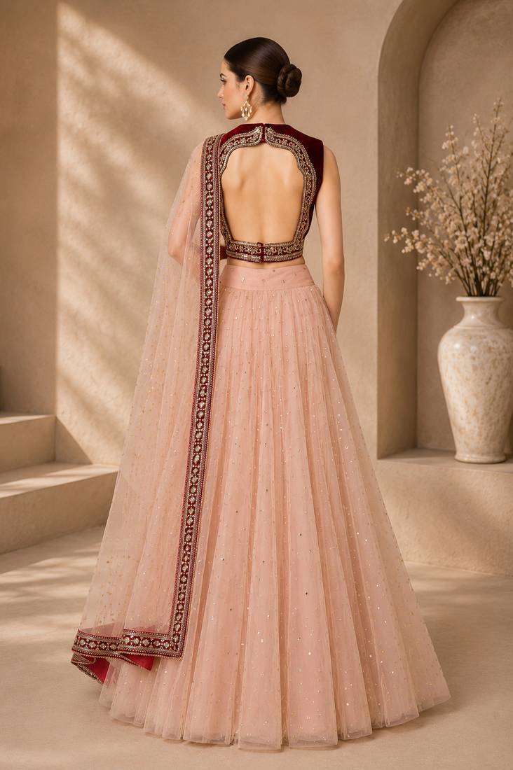 Peach Net Embroidered Crop Top Lehengas