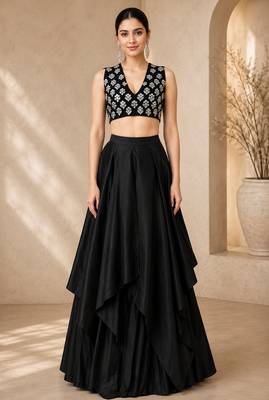 Black Silk Blend Embroidered Crop Top Lehengas 1