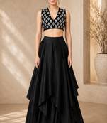 Black Silk Blend Embroidered Crop Top Lehengas