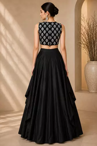 Black Silk Blend Embroidered Crop Top Lehengas