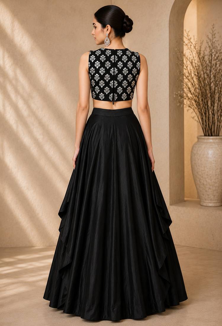 Black Silk Blend Embroidered Crop Top Lehengas