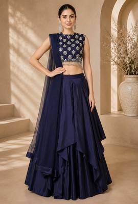 Navy Blue Silk Blend Embroidered Crop Top Lehengas 1