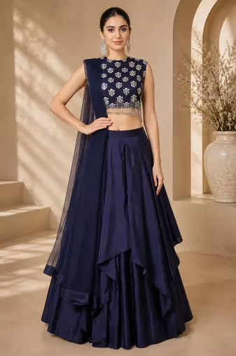 Navy Blue Silk Blend Embroidered Crop Top Lehengas