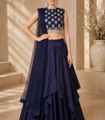 Navy Blue Silk Blend Embroidered Crop Top Lehengas