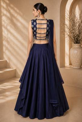 Navy Blue Silk Blend Embroidered Crop Top Lehengas 2