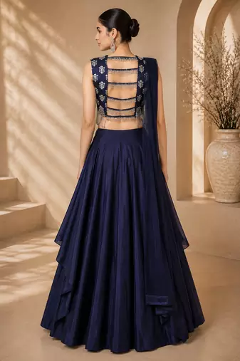 Navy Blue Silk Blend Embroidered Crop Top Lehengas