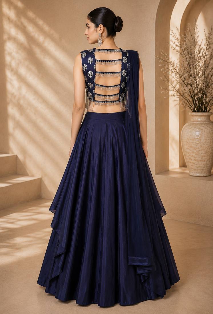 Navy Blue Silk Blend Embroidered Crop Top Lehengas