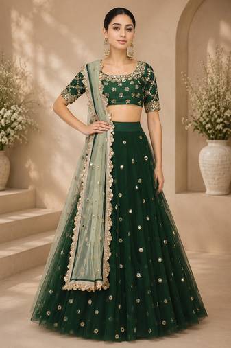 Green Net Embroidered Crop Top Lehengas
