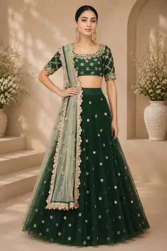 Green Net Embroidered Crop Top Lehengas
