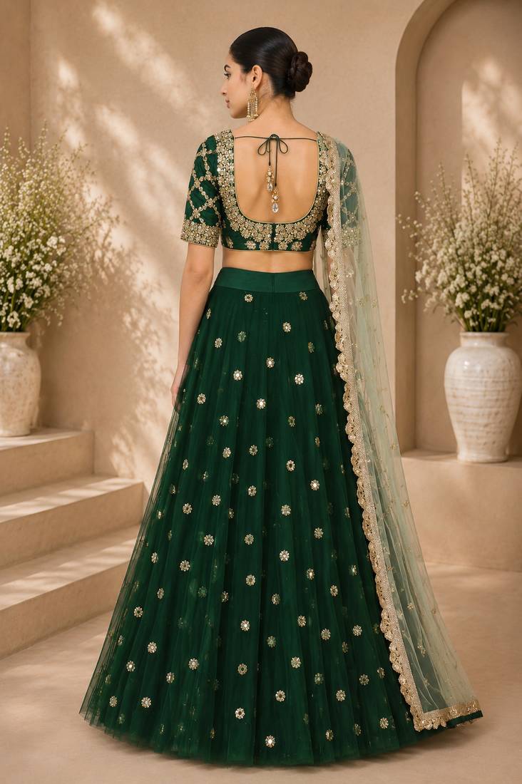 Green Net Embroidered Crop Top Lehengas