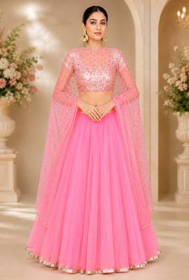 Pink Net Embroidered Crop Top Lehengas 1