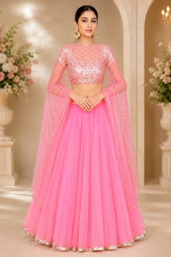 Pink Net Embroidered Crop Top Lehengas
