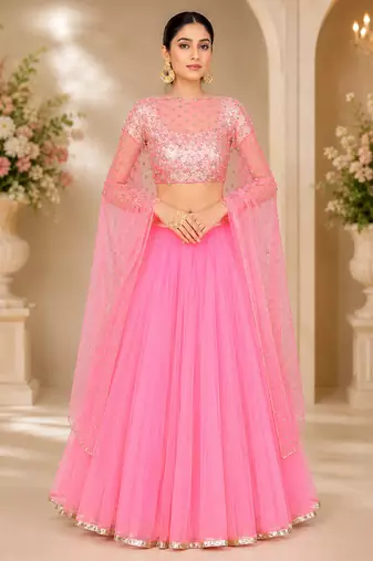Pink Net Embroidered Crop Top Lehengas
