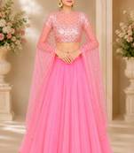 Pink Net Embroidered Crop Top Lehengas