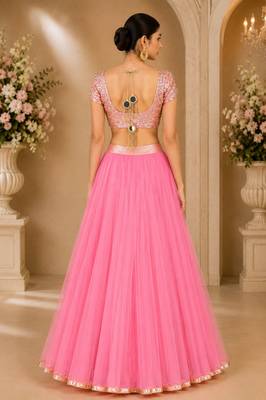 Pink Net Embroidered Crop Top Lehengas 2