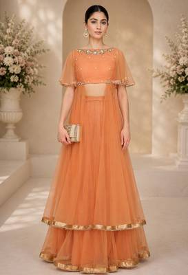 Orange Net Embroidered Crop Top Lehengas 1