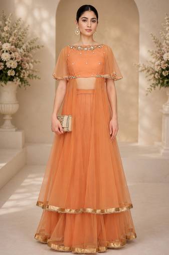 Orange Net Embroidered Crop Top Lehengas