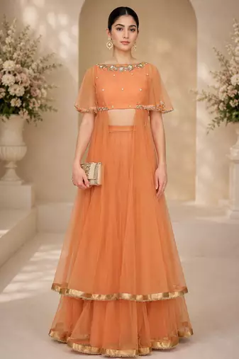 Orange Net Embroidered Crop Top Lehengas