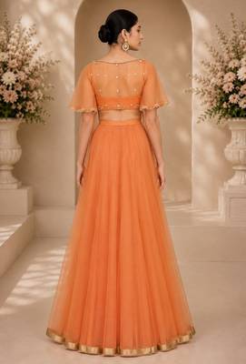 Orange Net Embroidered Crop Top Lehengas 2
