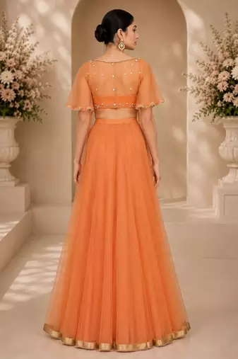 Orange Net Embroidered Crop Top Lehengas